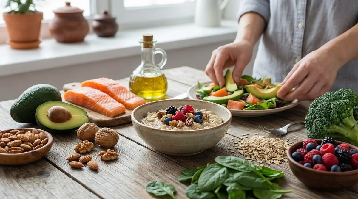 mujer con comida saludable en un mesón
