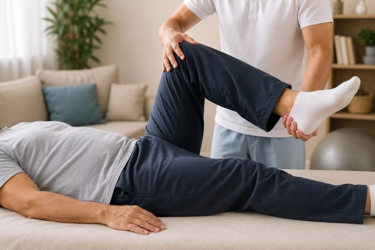 hombre siendo ayudado a realizar unos ejercicios terapéuticos para rehabilitación